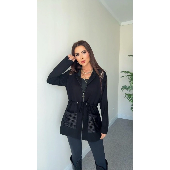 Kadın Uzun Kollu önü Fermuarlı File Detaylı Belden Bağcıklı Kısa Modal Ceket