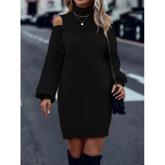 Kadın Uzun Kollu Saç örgü Balıkçı Yaka Detay Triko Elbise