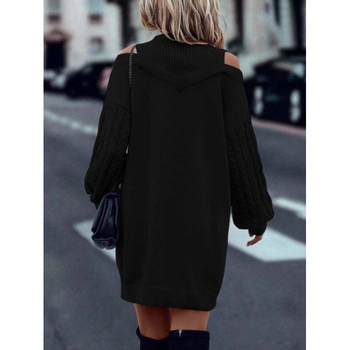 Kadın Uzun Kollu Saç örgü Balıkçı Yaka Detay Triko Elbise