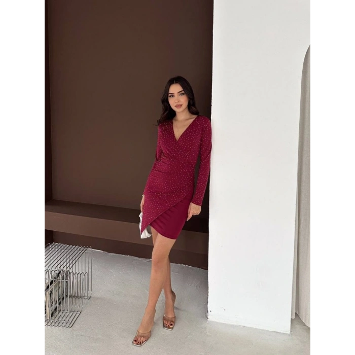 Kadın Uzun Kollu Taş Detay ini Kruvaze Elbise