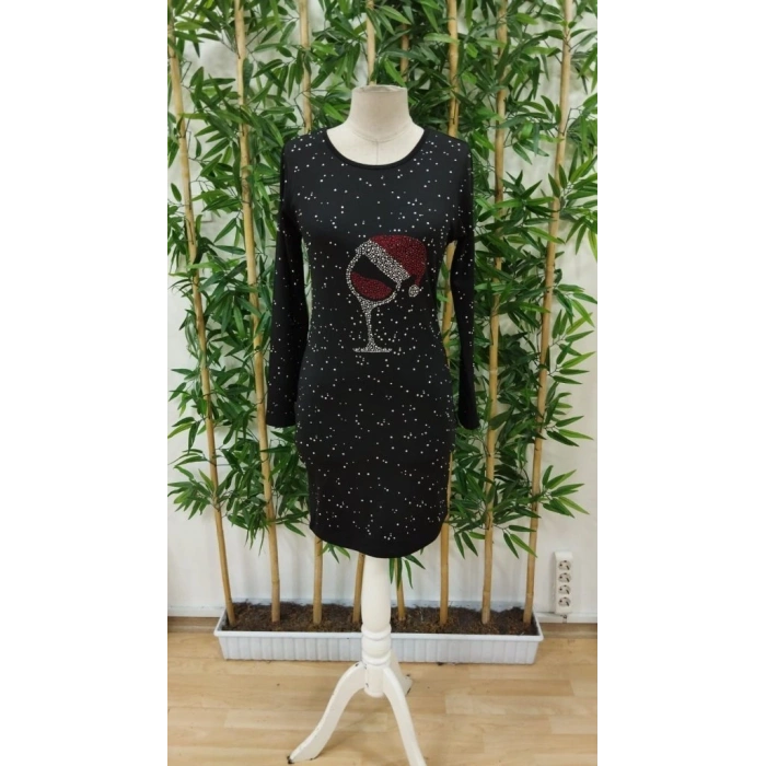 Kadın Uzun Kollu Taş Kadeh Baskı Dalgıç Mini Boy Elbise