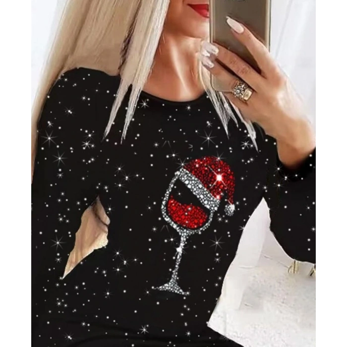 Kadın Uzun Kollu Taş Kadeh Baskı Mikro Kumaş Mini Boy Elbise (çorapsız)