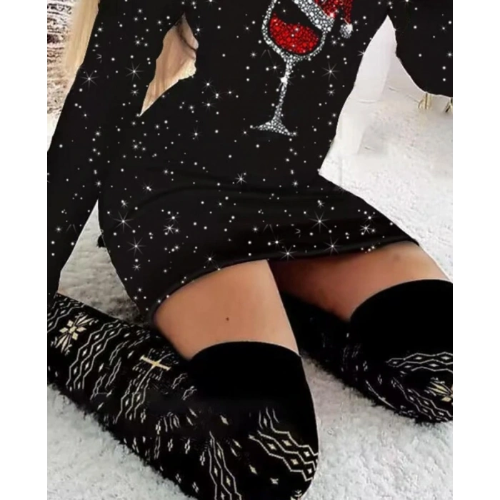 Kadın Uzun Kollu Taş Kadeh Baskı Mikro Kumaş Mini Boy Elbise (çorapsız)