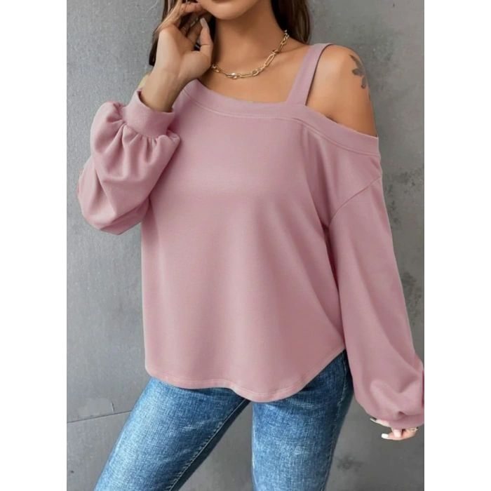 Kadın Uzun Kollu Tek Omuz Askı Detay Salaş Dalgıç Bluz