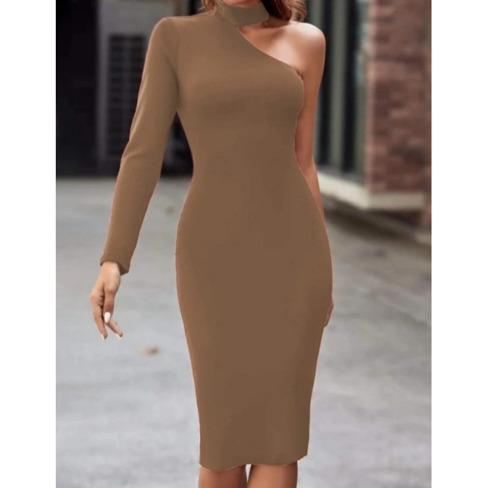 Kadın Uzun Kollu Tek Omuz Ve Kol Açık Detay Viskon Mini Boy Elbise