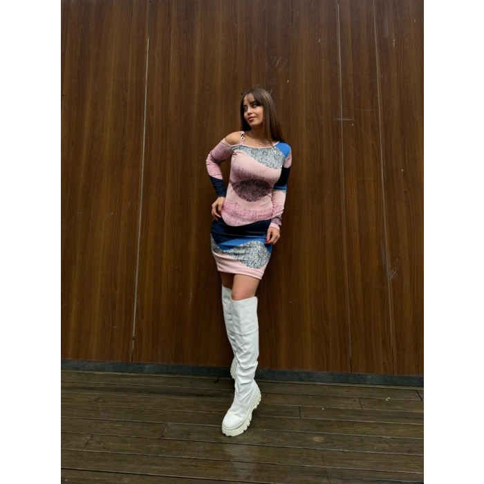 Kadın Uzun Kollu Tek Omuzu Askı Toka Detaylı Kısa Dalgıç Elbise