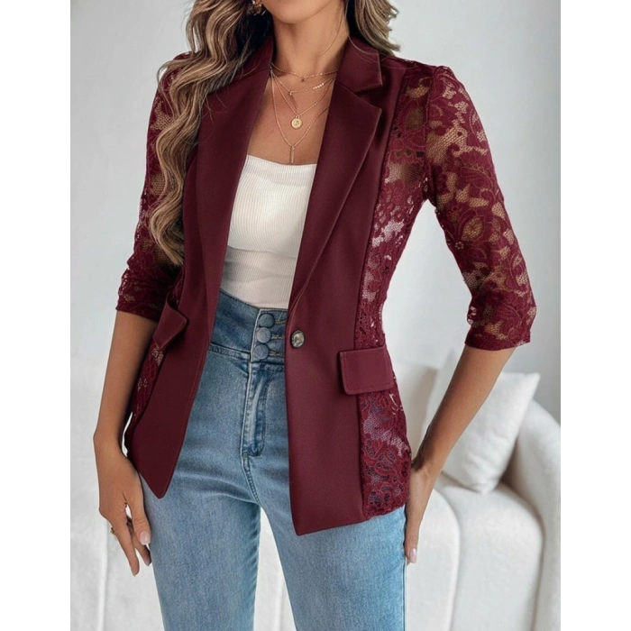 Kadın Uzun Kollu Truvakar Kol önden Düğmeli Cepli Dantelli Atlas Ceket