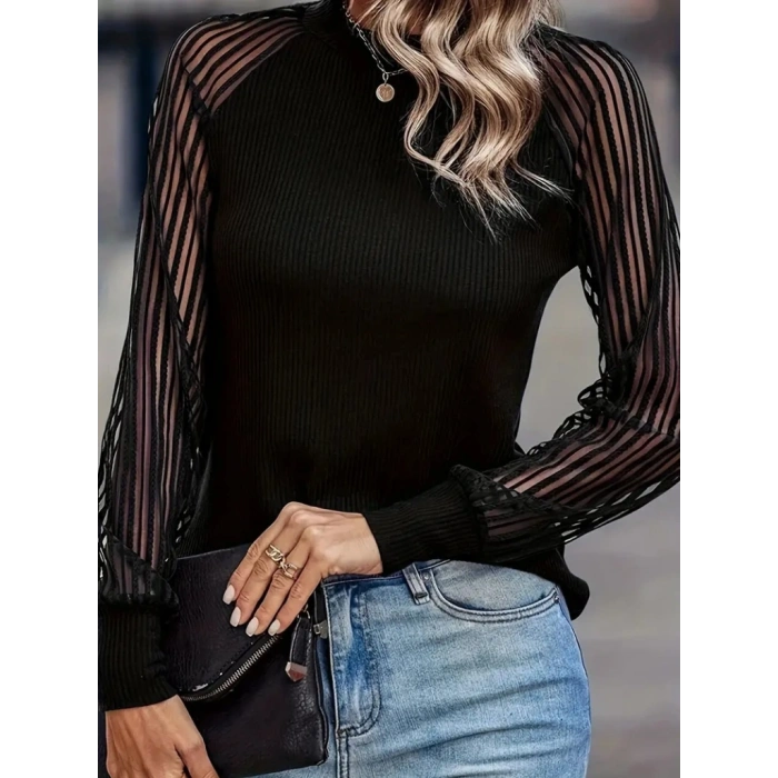 Kadın Uzun Kollu Tül Detaylı Bisiklet Yakalı Kaşkorse Bluz