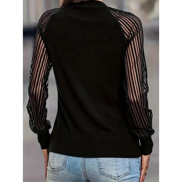 Kadın Uzun Kollu Tül Detaylı Bisiklet Yakalı Kaşkorse Bluz