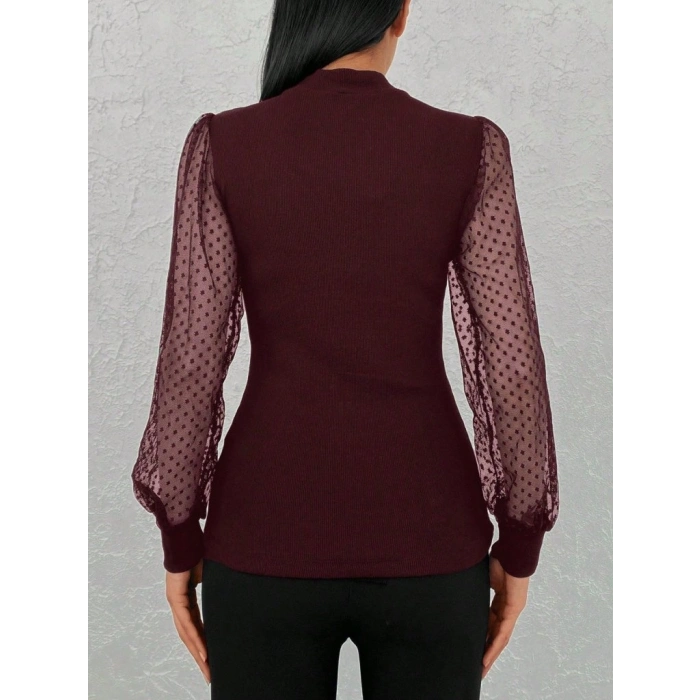 Kadın Uzun Kollu Tül Detaylı Yarım Balıkçı Yaka Kaşkorse Bluz