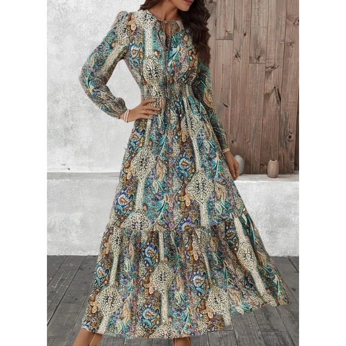 Kadın Uzun Kollu Uakadabağcıklı Beli Lastikli Desenli Uzun Süprem Elbise