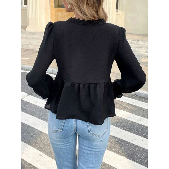 Kadın Uzun Kollu V Dantel Yaka Aerobin Bluz