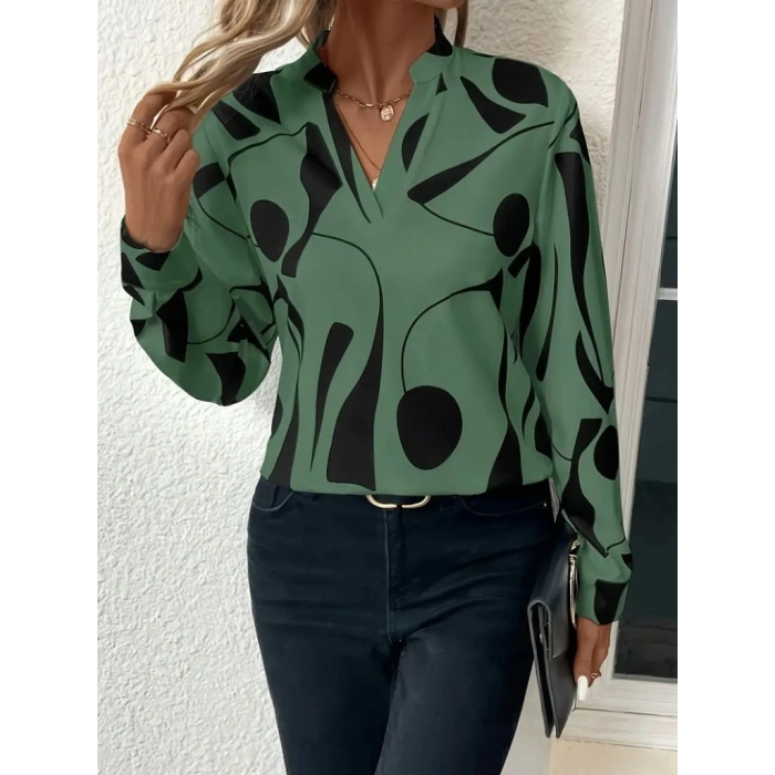Kadın Uzun Kollu V Hakim Yakalı Desenli Dalgıç Bluz