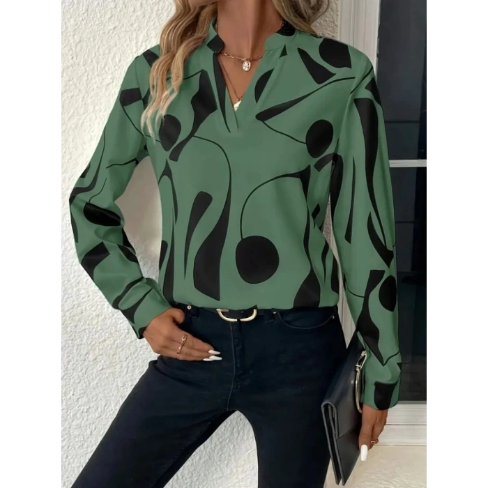 Kadın Uzun Kollu V Hakim Yakalı Desenli Dalgıç Bluz