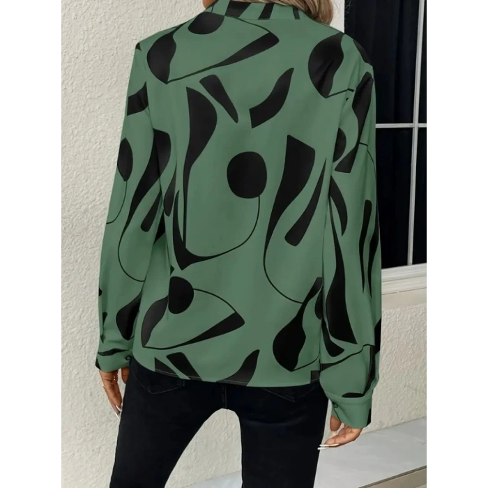 Kadın Uzun Kollu V Hakim Yakalı Desenli Dalgıç Bluz