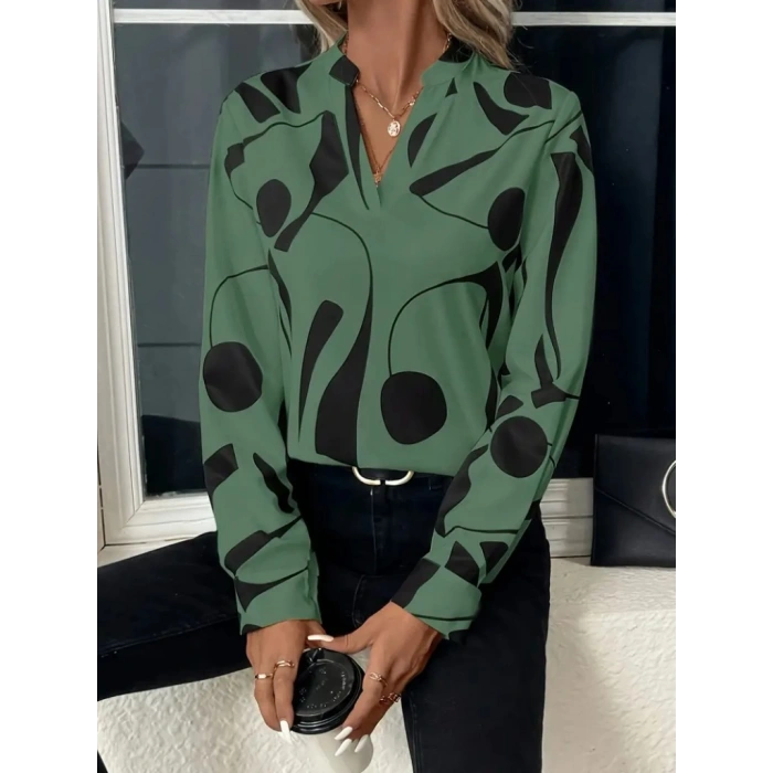 Kadın Uzun Kollu V Hakim Yakalı Desenli Dalgıç Bluz