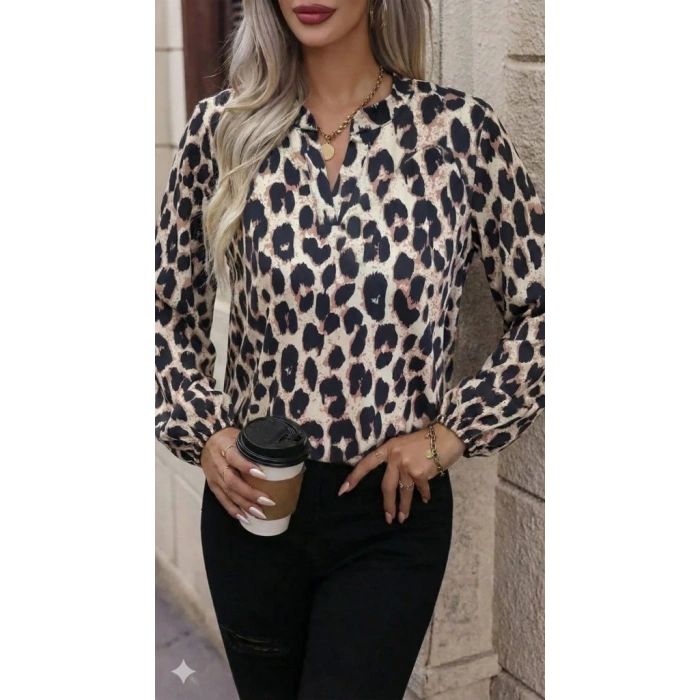 Kadın Uzun Kollu V Hakim Yakalı Leopar Desenli Süprem Bluz