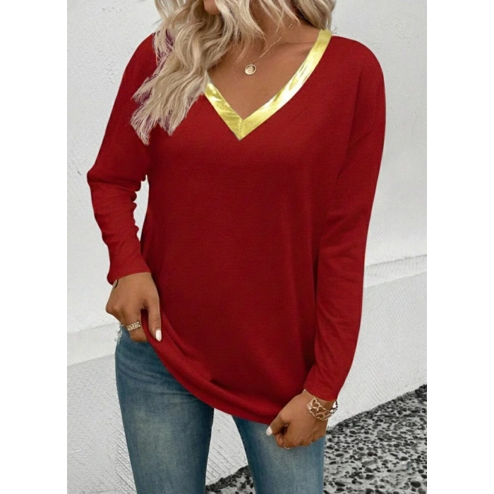 Kadın Uzun Kollu V Parlak Yaka Detaylı Viskon Bluz
