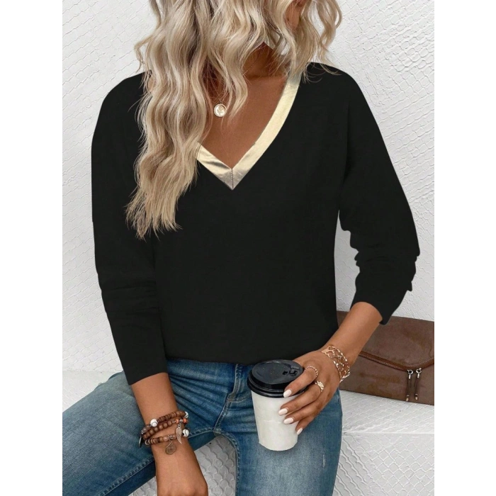 Kadın Uzun Kollu V Parlak Yaka Detaylı Viskon Bluz