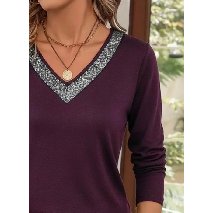 Kadın Uzun Kollu V Payet Yakalı Viskon Mürdüm Bluz