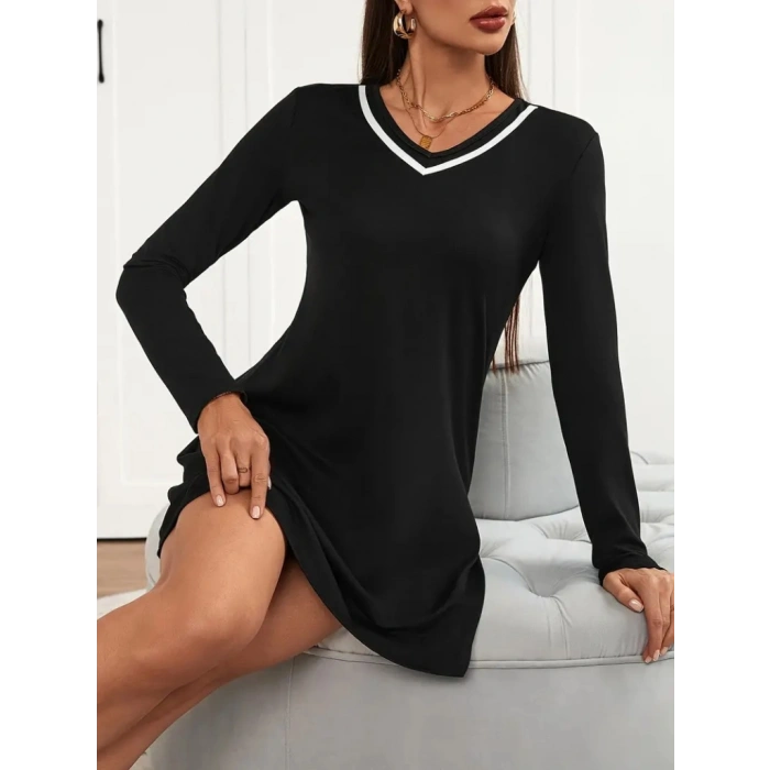 Kadın Uzun Kollu V şerit Yakalı Kısa Viskon Iki Iplik Elbise