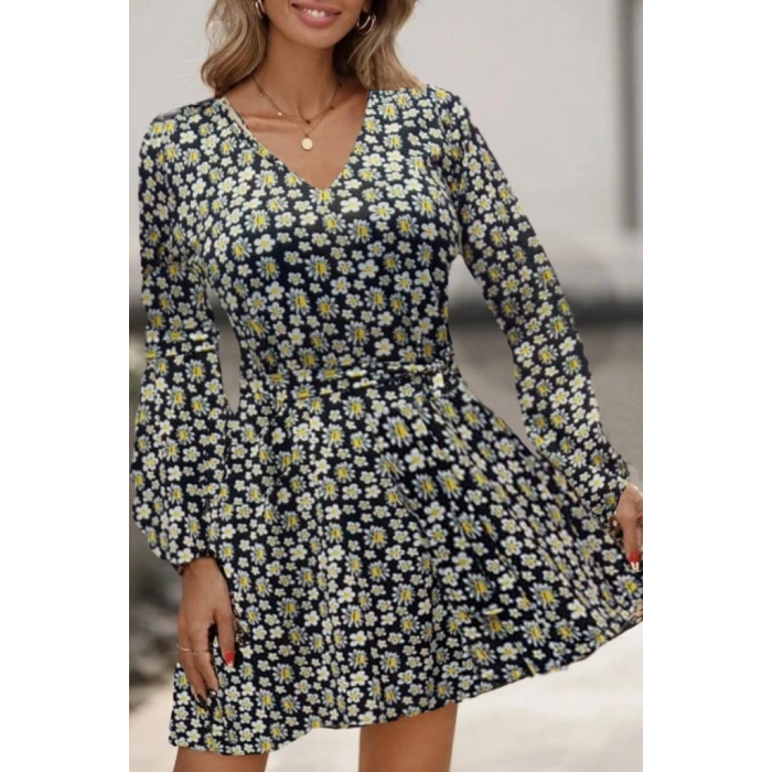 Kadın Uzun Kollu V Yaka çiçek Desenli Helen Kumaş Elbise