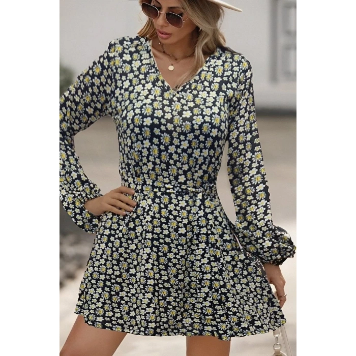 Kadın Uzun Kollu V Yaka çiçek Desenli Helen Kumaş Elbise