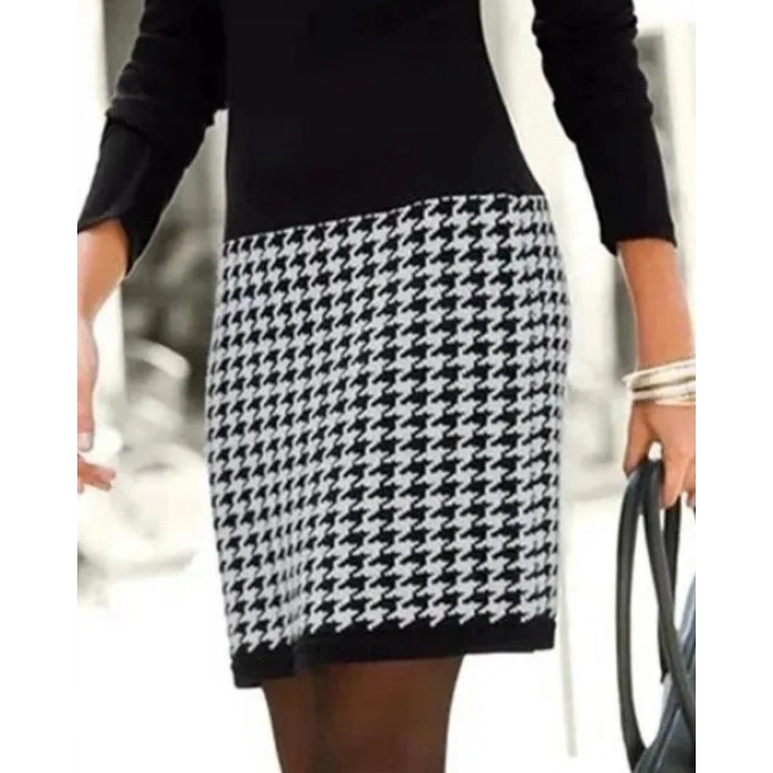 Kadın Uzun Kollu V Yaka Kazayağı Desen Dalgıç Elbise