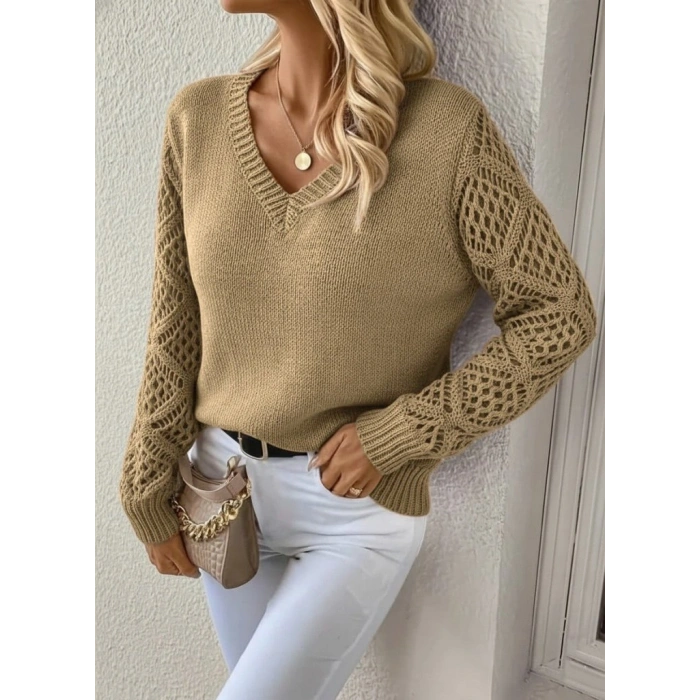 Kadın Uzun Kollu V Yaka Kol Delikli Baklava Desen Detaylı Triko Kazak