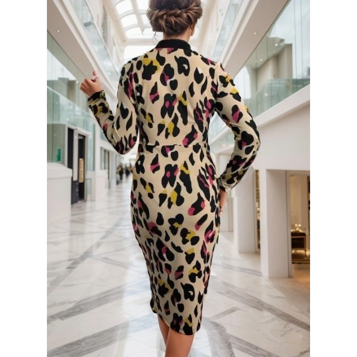 Kadın Uzun Kollu V Yaka Puantiyeli Krep Midi Boy Elbise