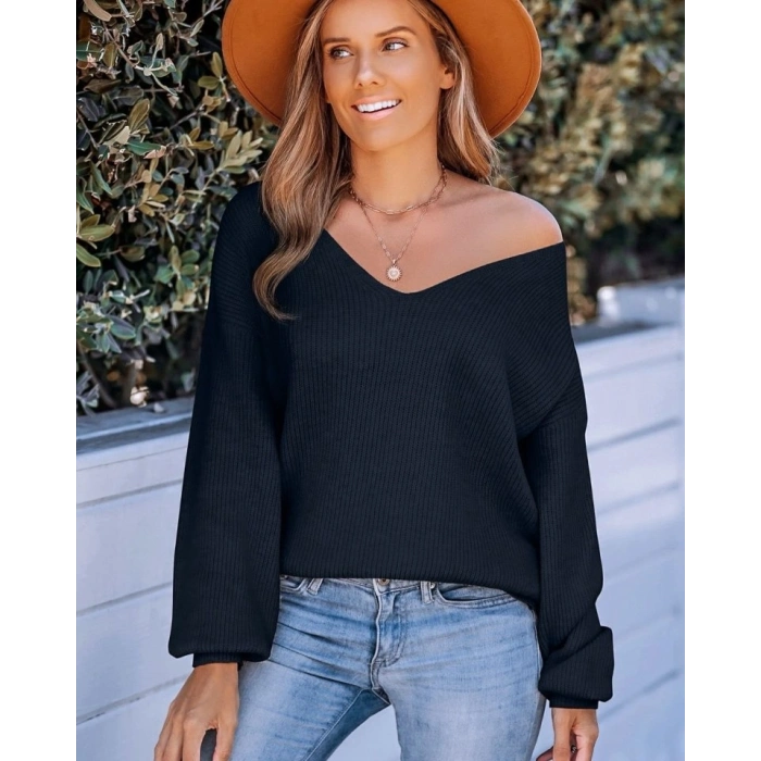 Kadın Uzun Kollu V Yakalı Arkası Kurdelalı Triko Bluz