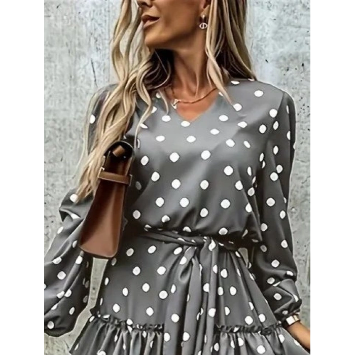 Kadın Uzun Kollu V Yakalı Belden Kuşaklı Puantiyeli Mini Modal Elbise
