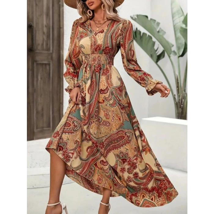 Kadın Uzun Kollu V Yakalı Beli Lastikli Desenli Süprem Elbise