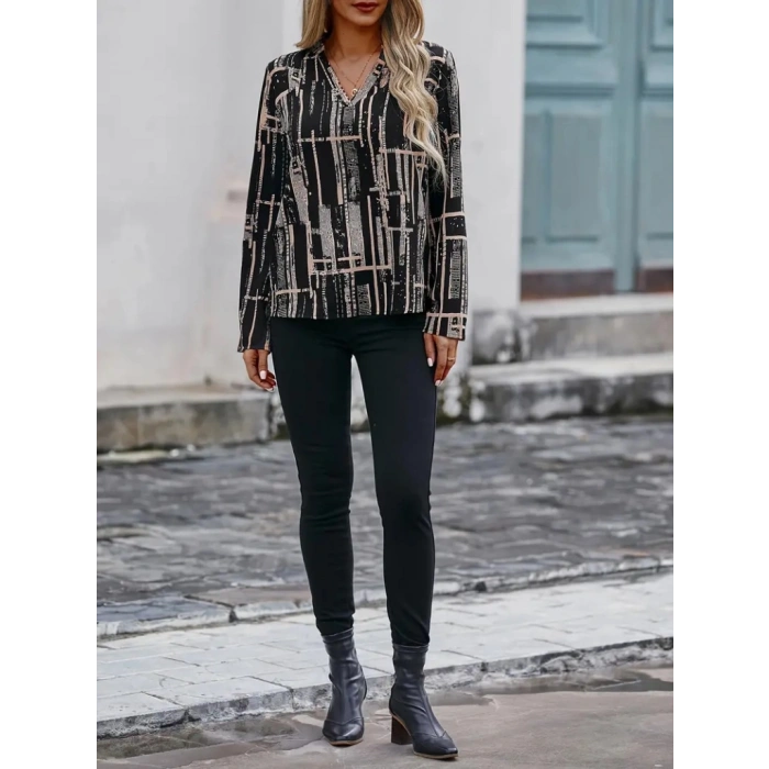 Kadın Uzun Kollu V Yakalı Desenli Dalgıç Bluz