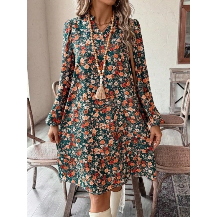 Kadın Uzun Kollu V Yakalı Desenli Modal Mini Elbise