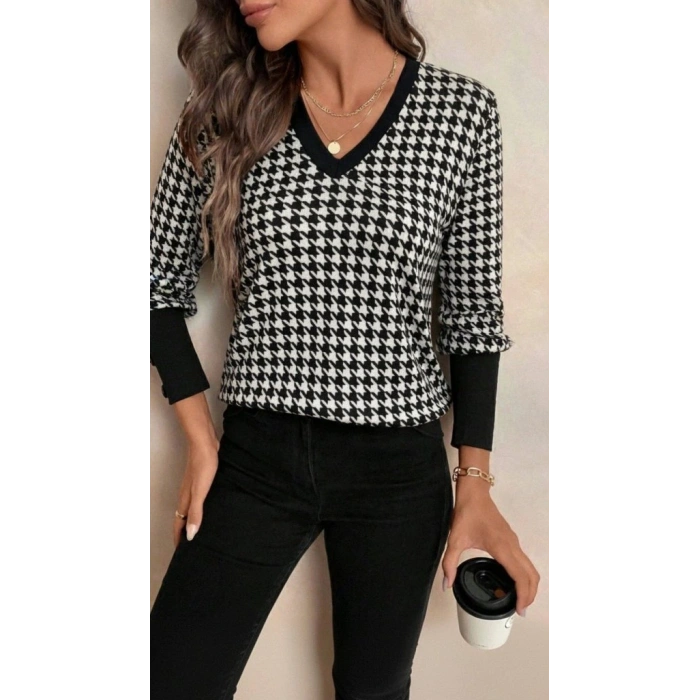 Kadın Uzun Kollu V Yakalı Desenli Süprem Bluz