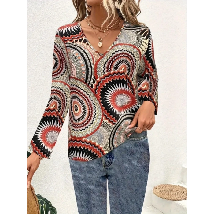 Kadın Uzun Kollu V Yakalı Desenli Süprem Bluz
