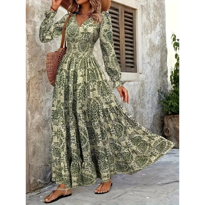 Kadın Uzun Kollu V Yakalı Desenli Süprem Elbise