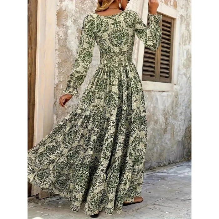 Kadın Uzun Kollu V Yakalı Desenli Süprem Elbise