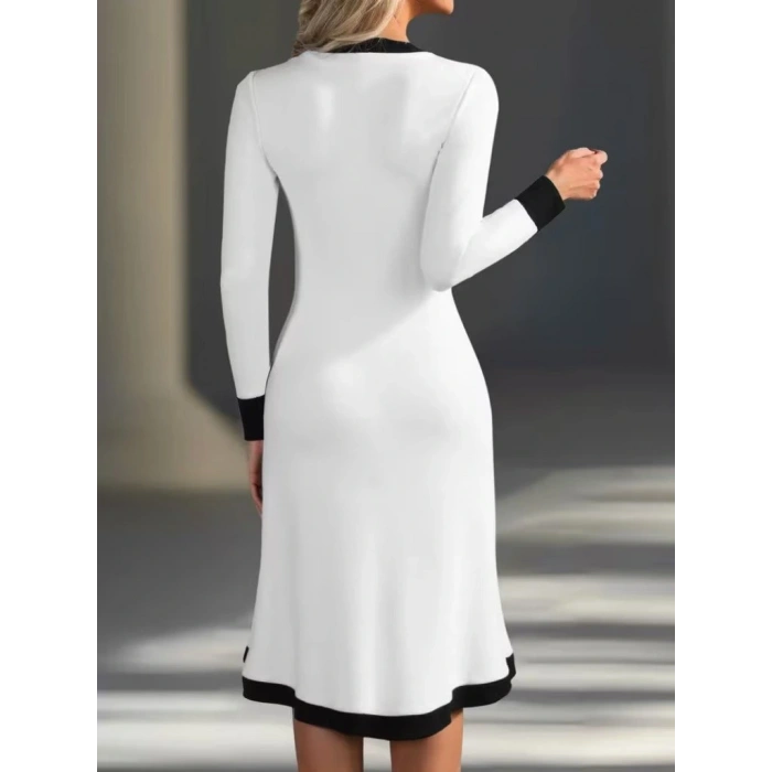 Kadın Uzun Kollu V Yakalı Düğmeli Midi Modal Elbise