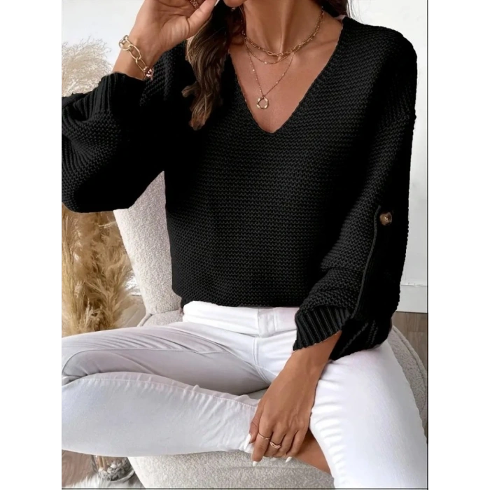 Kadın Uzun Kollu V Yakalı Düğmeli Triko Bluz