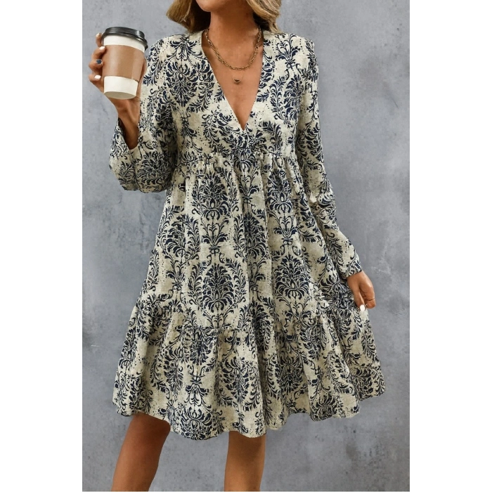 Kadın Uzun Kollu V Yakalı Fırfırlı Mini Süprem Elbise