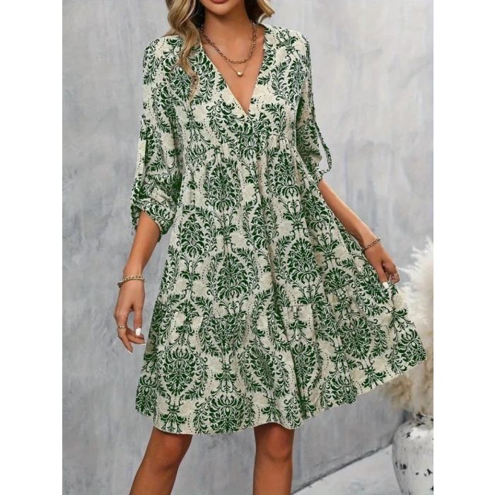 Kadın Uzun Kollu V Yakalı Fırfırlı Mini Süprem Elbise