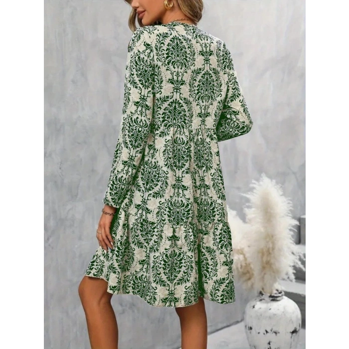 Kadın Uzun Kollu V Yakalı Fırfırlı Mini Süprem Elbise