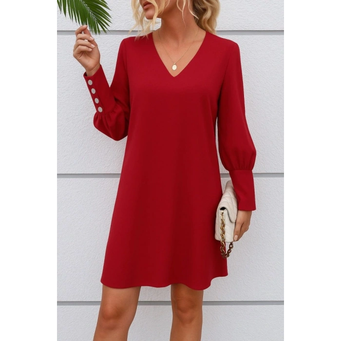 Kadın Uzun Kollu V Yakalı Kısa Ithal Krep Elbise