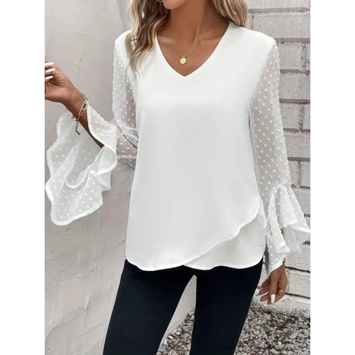 Kadın Uzun Kollu V Yakalı Kolları Ispanyol Detayı Sandy Bluz