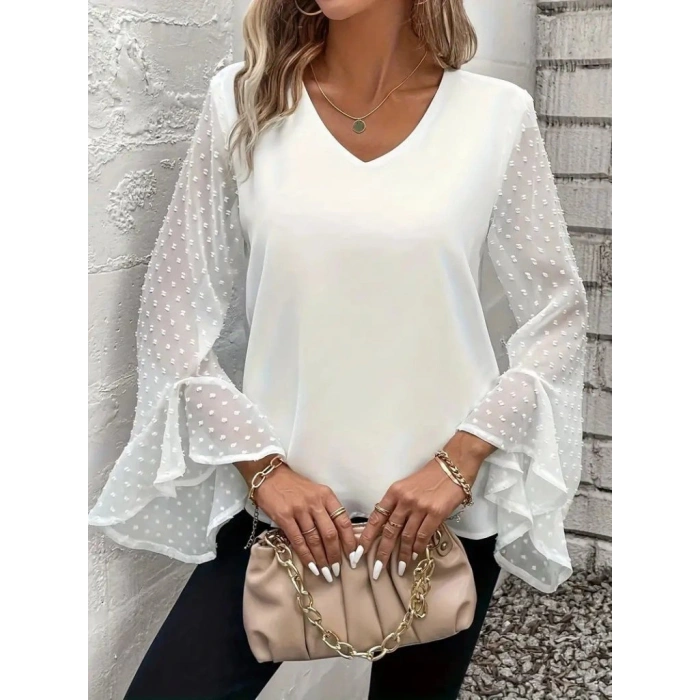 Kadın Uzun Kollu V Yakalı Kolları Ispanyol Detayı Sandy Bluz