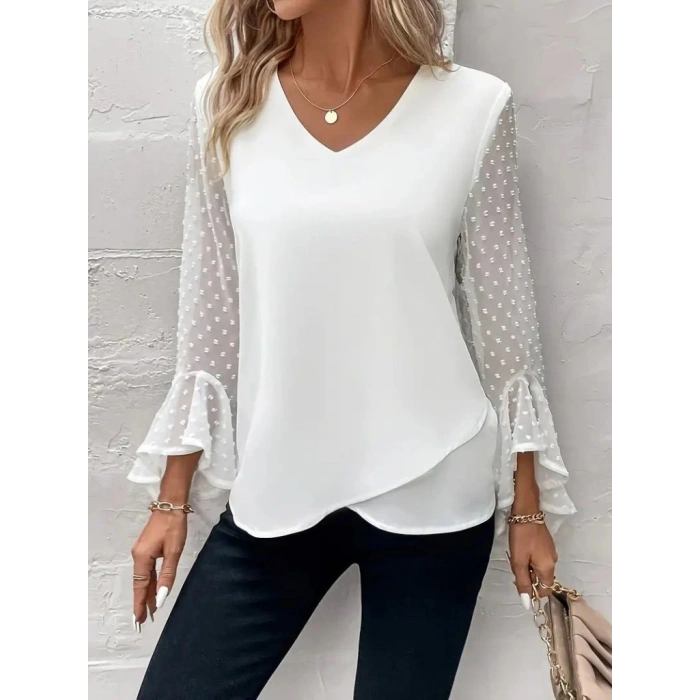 Kadın Uzun Kollu V Yakalı Kolları Ispanyol Detayı Sandy Bluz