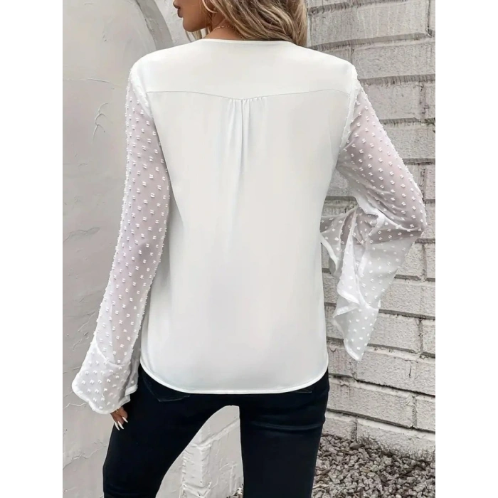 Kadın Uzun Kollu V Yakalı Kolları Ispanyol Detayı Sandy Bluz