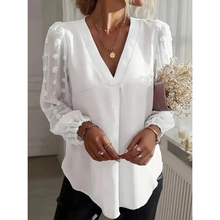 Kadın Uzun Kollu V Yakalı Kolları Popon Detaylı Sandy Bluz